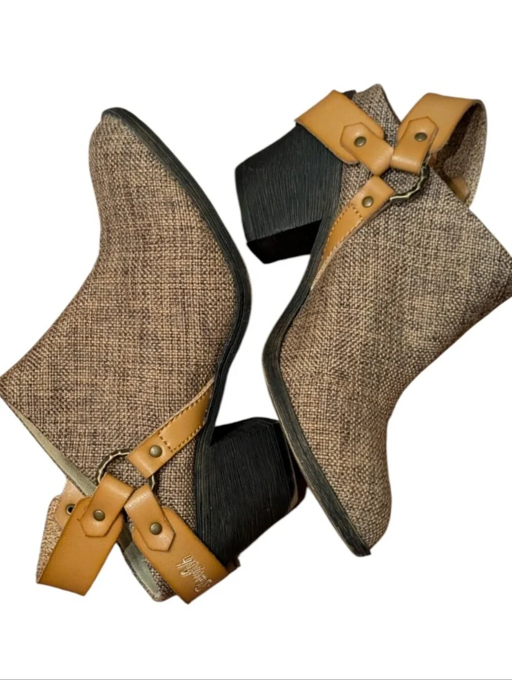 Blowfish Malibu Santi canvas ankle Booties Woven Tan Heeled western Size 8 boho